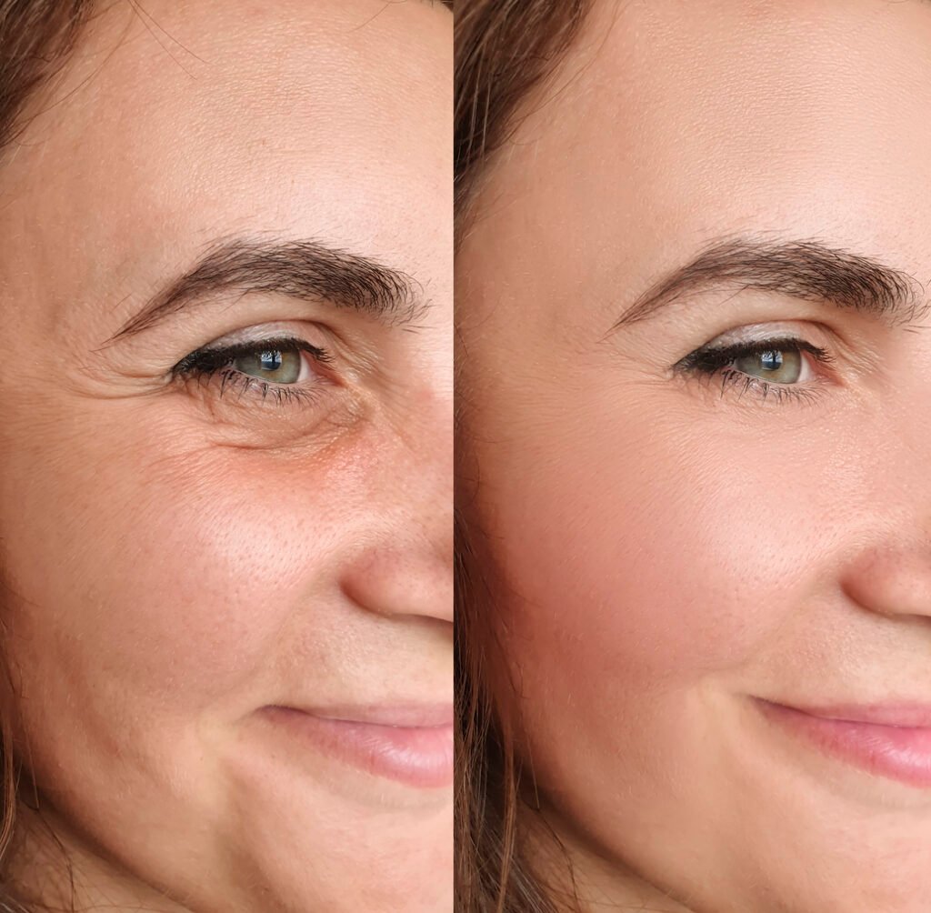 HOME woman face wrinkles before and after treatment collage